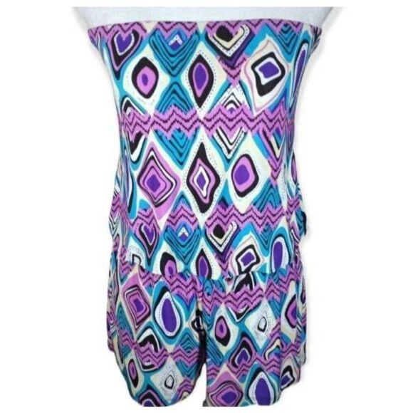 AZULES PURPLE, BLUE, WHITE, & BLACK STRAPLESS ROMPER SZ.L EUC. - Picture 2 of 8